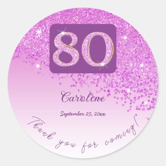 Falling Pink Glitter, 80ste verjaardag Bedankt Ronde Sticker (Voorkant)