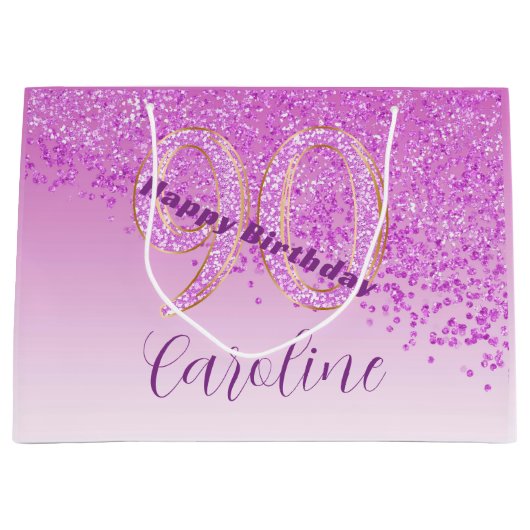  Falling Pink Glitter 90e verjaardag Groot Cadeauzakje (Voorkant)