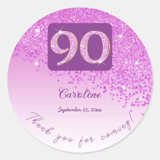 Falling Pink Glitter, 90ste verjaardag Bedankt Ronde Sticker (Voorkant)