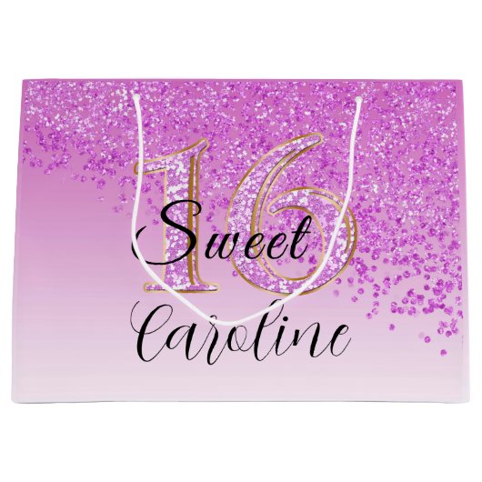 Falling Pink Glitter Sweet 16 Birthday Groot Cadeauzakje (Voorkant)