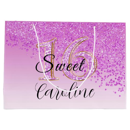 Falling Pink Glitter Sweet 16 Birthday Groot Cadeauzakje (Achterkant)
