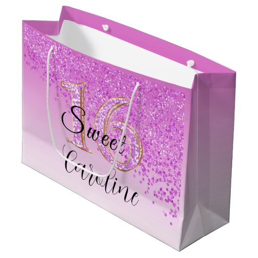 Falling Pink Glitter Sweet 16 Birthday Groot Cadeauzakje (Voorkant Gekanteld)