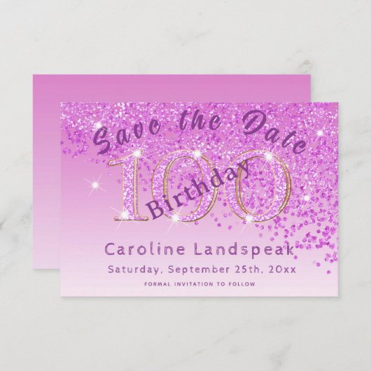 Falling Pink Glitter voor 100ste verjaardag Save The Date (Voorkant / Achterkant)