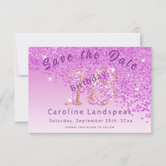 Falling Pink Glitter voor 18e verjaardag Save The Date (Voorkant)
