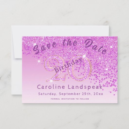 Falling Pink Glitter voor 20e verjaardag Save The Date (Voorkant)