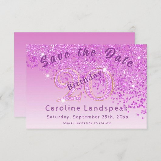 Falling Pink Glitter voor 20e verjaardag Save The Date (Voorkant / Achterkant)