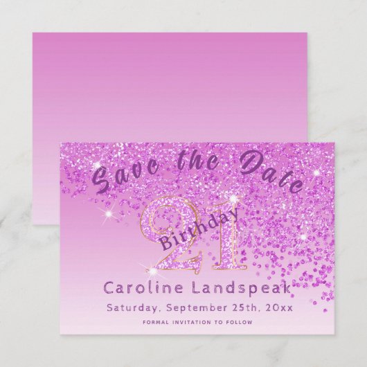 Falling Pink Glitter voor 21e verjaardag Save The Date (Voorkant / Achterkant)