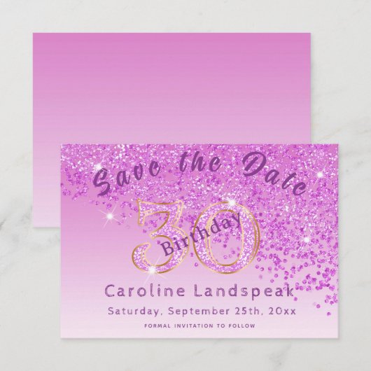 Falling Pink Glitter voor 30e verjaardag Save The Date (Voorkant / Achterkant)