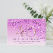 Falling Pink Glitter voor 40e verjaardag Save The Date (Staand voorkant)