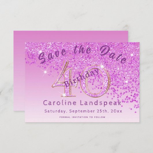 Falling Pink Glitter voor 40e verjaardag Save The Date (Voorkant / Achterkant)