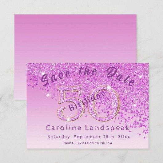 Falling Pink Glitter voor 50e verjaardag Save The Date (Voorkant / Achterkant)