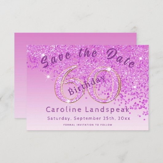 Falling Pink Glitter voor 60e verjaardag Save The Date (Voorkant / Achterkant)