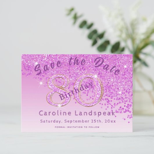 Falling Pink Glitter voor 80e verjaardag Save The Date (Staand voorkant)