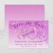 Falling Pink Glitter voor 80e verjaardag Save The Date (Voorkant / Achterkant)