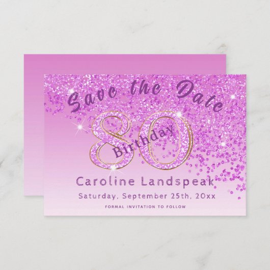 Falling Pink Glitter voor 80e verjaardag Save The Date (Voorkant / Achterkant)