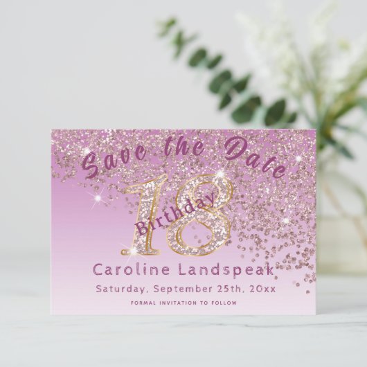 Falling Roos Gold Glitter voor 18e verjaardag Save The Date (Staand voorkant)