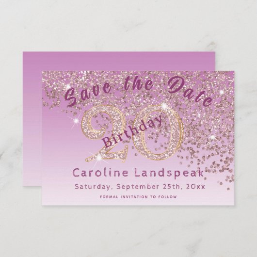 Falling Roos Gold Glitter voor 20e verjaardag Save The Date (Voorkant / Achterkant)