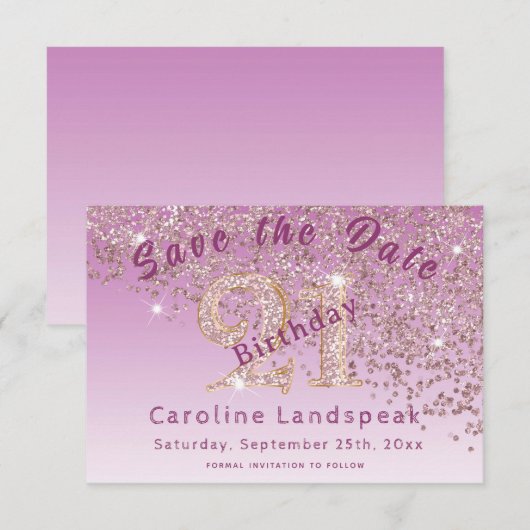 Falling Roos Gold Glitter voor 21e verjaardag Save The Date (Voorkant / Achterkant)