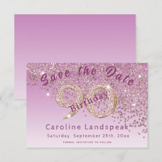 Falling Roos Gold Glitter voor 90e verjaardag Save The Date (Voorkant / Achterkant)