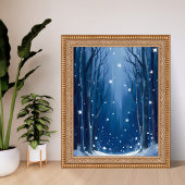 Falling Snow Blue Winter Forest Watercolor Painted Poster
