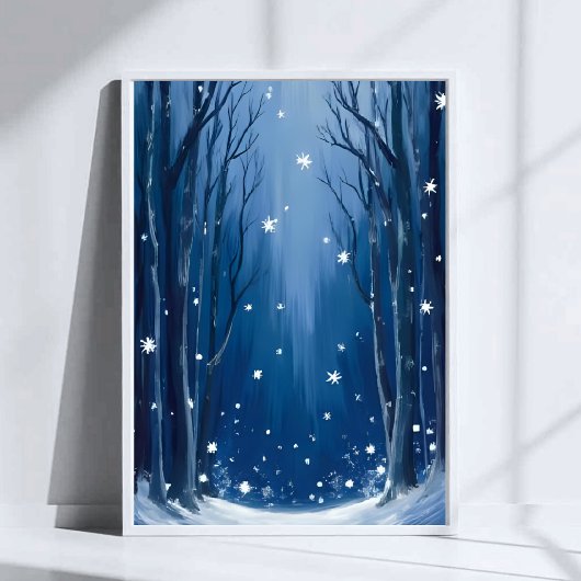 Falling Snow Blue Winter Forest Watercolor Painted Poster