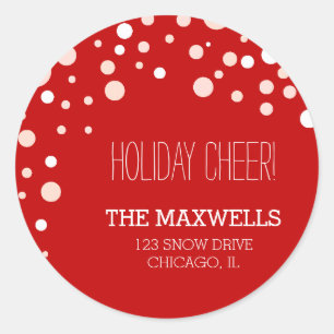 Falling Snow Holiday Cheer Rode adresetiketten Ronde Sticker