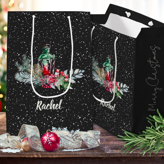 Falling Snow Waterverf Foliage Merry Christmas Medium Cadeauzakje