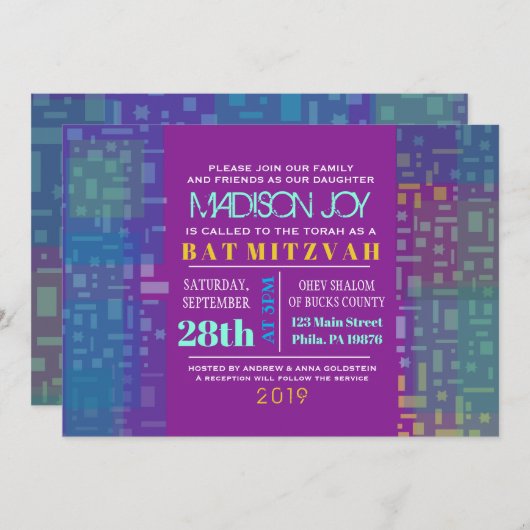 FALLING STARS & SQUARES Bar Bat Mitzvah Invitation Kaart (Voorkant / Achterkant)