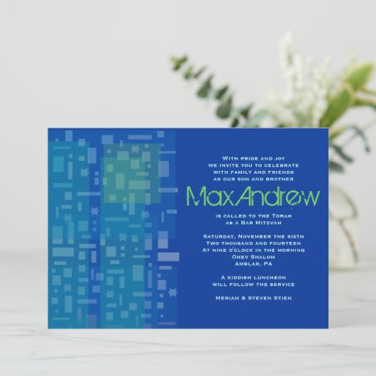 FALLING STARS & SQUARES Bar Bat Mitzvah Invitation Kaart (Staand voorkant)