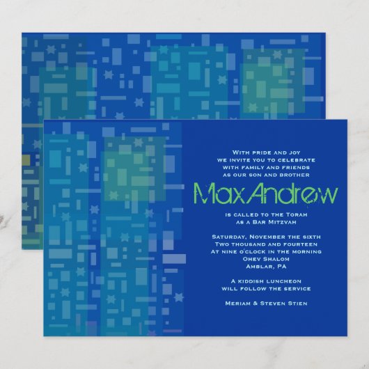 FALLING STARS & SQUARES Bar Bat Mitzvah Invitation Kaart (Voorkant / Achterkant)