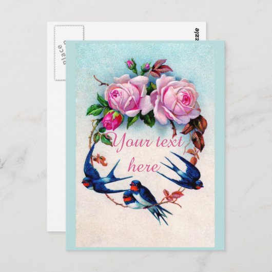 Falln Victoriaans Blauwe Vogels en Rozen Briefkaart (Voorkant / Achterkant)