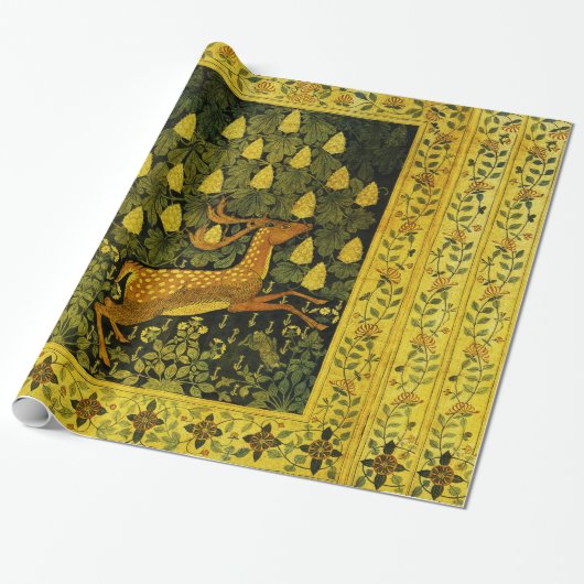 FALLOW DEER, FLOWERS CHESTNUT TREE Green Yellow Cadeaupapier (Uitgerold)