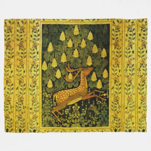 FALLOW DEER, FLOWERS CHESTNUT TREE Green Yellow Fleece Deken (Voorkant (Horizontaal))