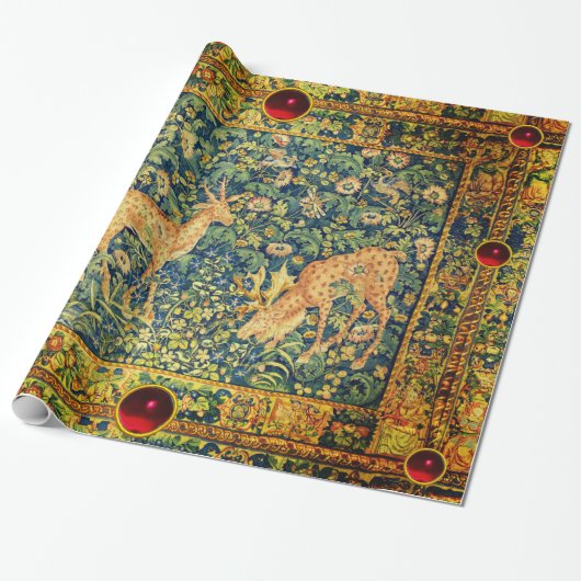 FALLOW DEER PAIR, GOTHISCHE FANTASY FLOWERS, Green Cadeaupapier (Uitgerold)