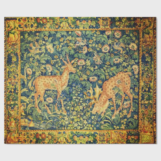 FALLOW DEER PAIR, GOTHISCHE FANTASY FLOWERS, Green Cadeaupapier (Vlak)