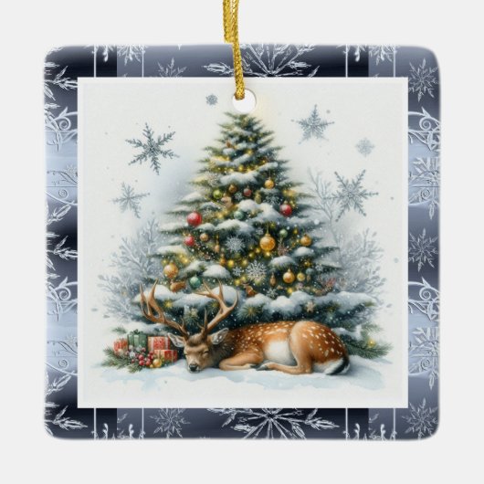 Fallow Deer Sleeping Under Christmas Tree Holiday Keramisch Ornament (Voorkant)