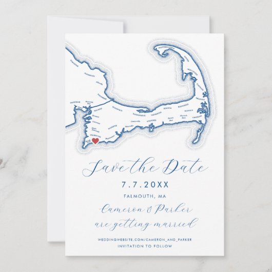 Falmouth MA Cape Kabeljauw Kaart Navy Blue Wedding (Voorkant)