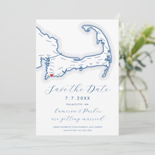 Falmouth MA Cape Kabeljauw Kaart Navy Blue Wedding (Staand voorkant)