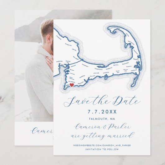 Falmouth MA Cape Kabeljauw Kaart Navy Blue Wedding (Voorkant / Achterkant)