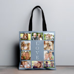 Familie 10 Foto Collage Dusty Blue Tote Bag<br><div class="desc">Een stoffige blauwe canvas tas om je familie,  vrienden,  huisdieren,  enz. te vieren,  met een 10 foto collage en "LOVE" is in het midden geschreven in elegante witte typografie.</div>