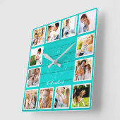 Familie 12 Foto's Collage Blauwgroen hout Vierkante Klok (Hoek)