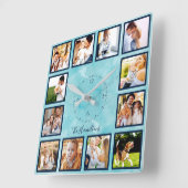 Familie 12 Foto's Collage Blue Waterverf Vierkante Klok (Hoek)