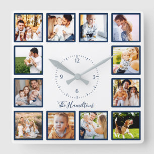 Familie 12 foto's collage chic blauw en wit vierkante klok