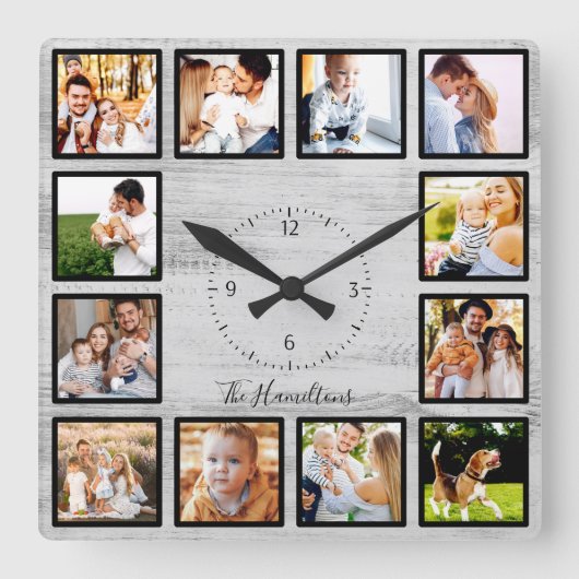 Familie 12 Foto's Collage Farmhouse Rustic Wood Vierkante Klok (Voorkant)