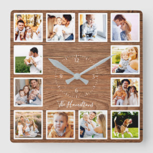 Familie 12 Foto's Collage Farmhouse Rustic Wood Vierkante Klok