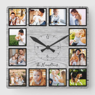Familie 12 Foto's Collage Farmhouse Rustic Wood Vierkante Klok