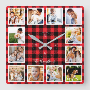 Familie 12 foto's collage rustieke houthakkerspatr vierkante klok