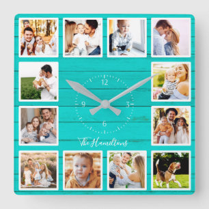 Familie 12 foto's collage turquoise hout vierkante klok