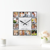Familie 12 Foto's Collage White Wood Vierkante Klok (Huis)