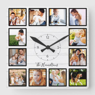 Familie 12 foto's collage wit hout vierkante klok
